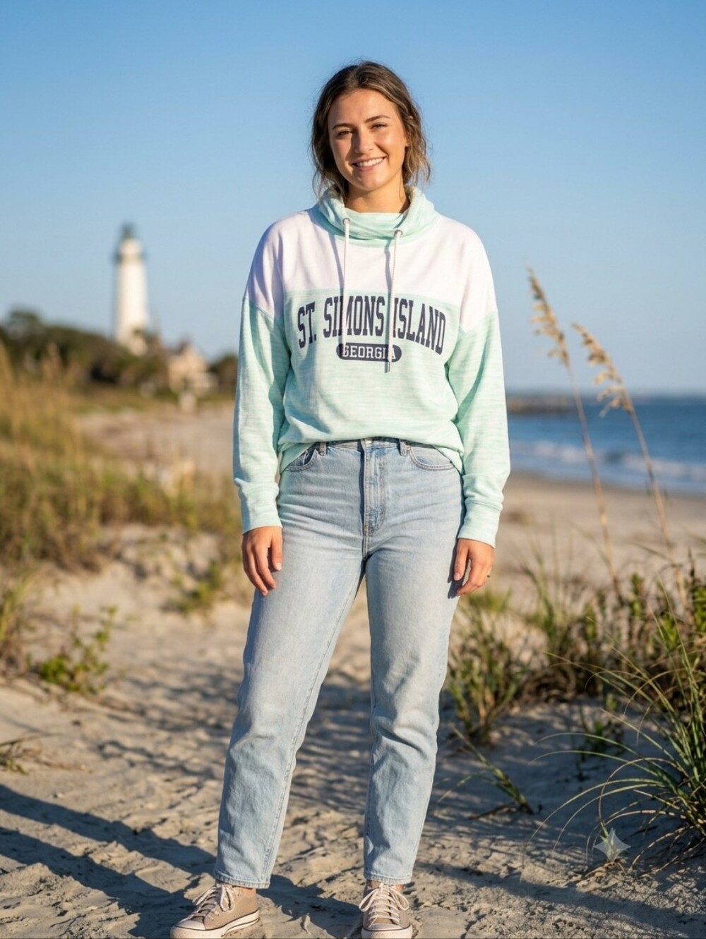 Georgia Lightweight Cowl Neck Pullover - Mint/White